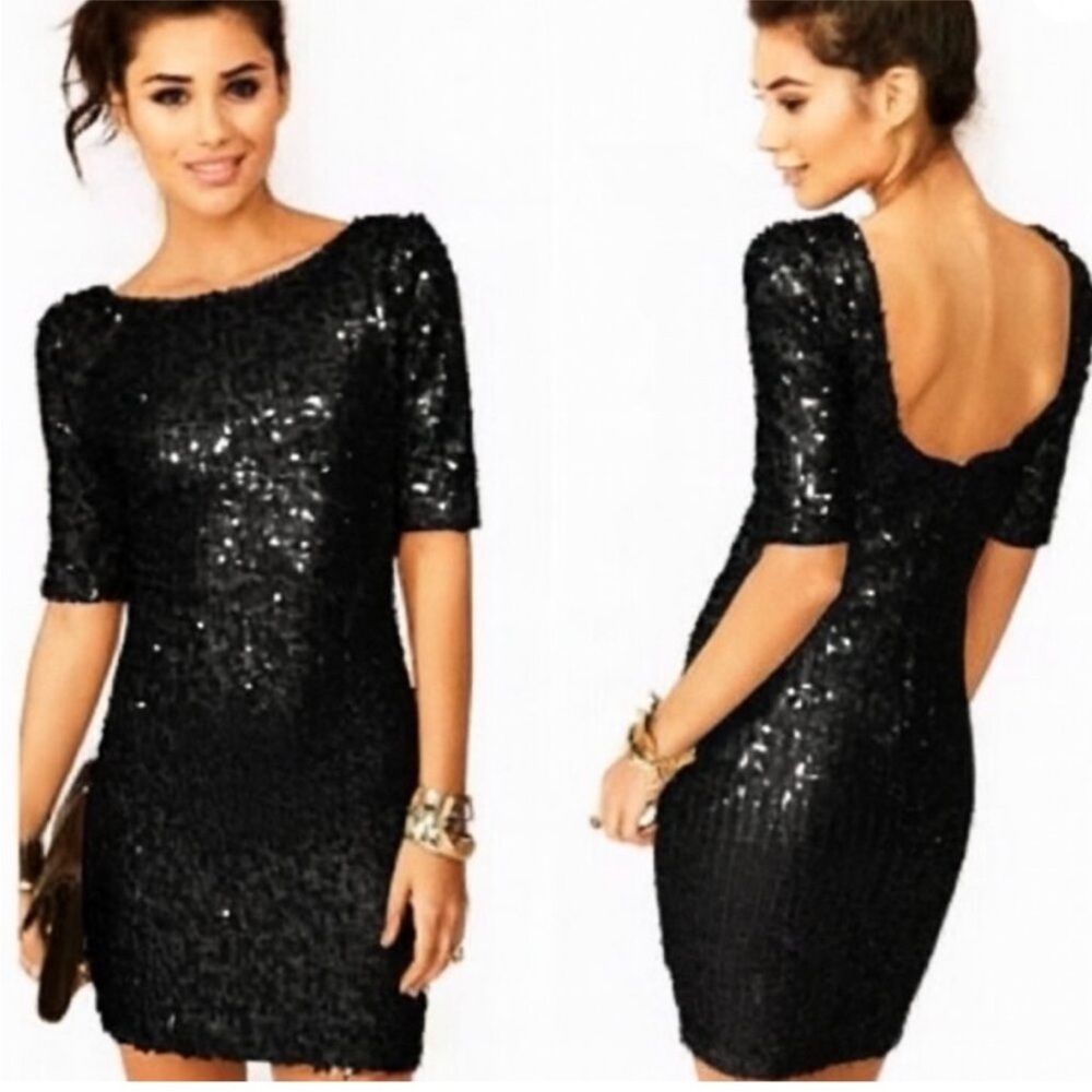 Ark & Co. Black Sequin Short Sleeve Mini Dress with Scoop Neck Back Size M
